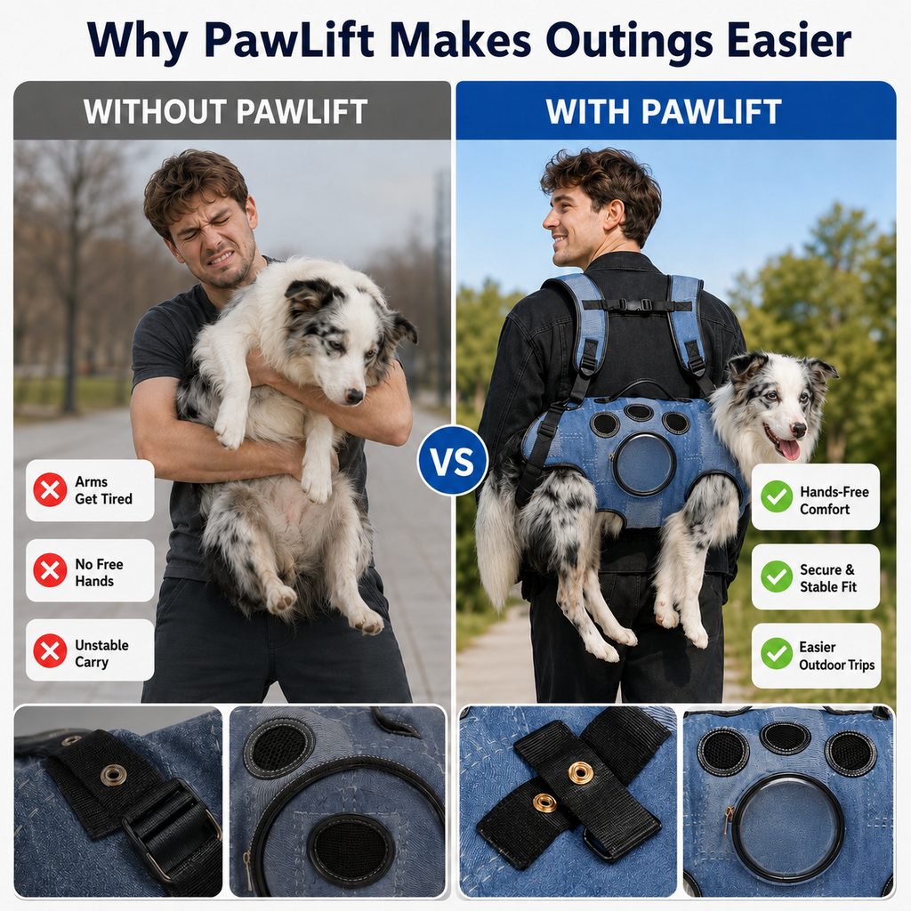 Malloren PawLift Denim Hands-Free Dog Carrier Backpack Harness for Walks, Shopping & Outdoor Trips - Carry Tired Dogs Without Arm Strain