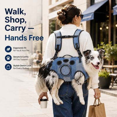 Malloren PawLift Denim Hands-Free Dog Carrier Backpack Harness for Walks, Shopping & Outdoor Trips - Carry Tired Dogs Without Arm Strain