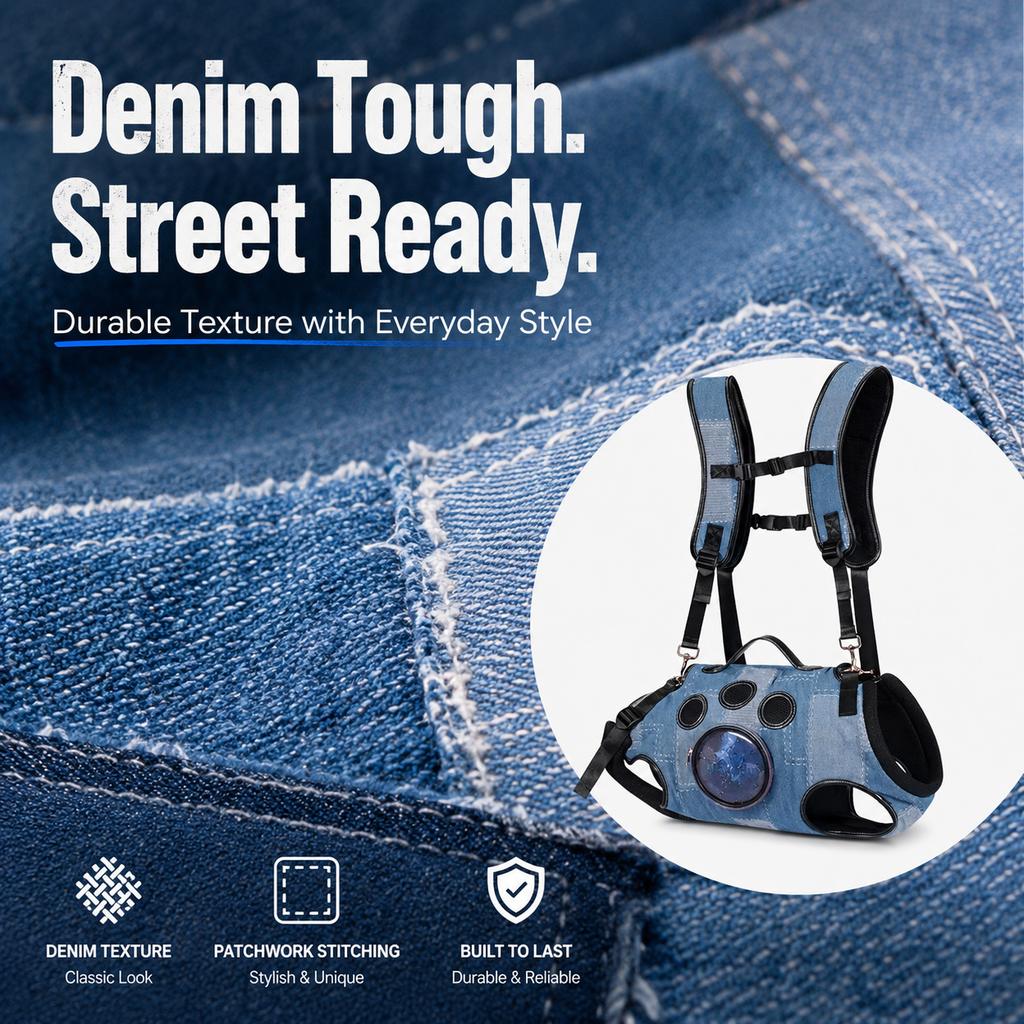 Malloren PawLift Denim Hands-Free Dog Carrier Backpack Harness for Walks, Shopping & Outdoor Trips - Carry Tired Dogs Without Arm Strain
