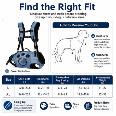 Malloren PawLift Denim Hands-Free Dog Carrier Backpack Harness for Walks, Shopping & Outdoor Trips - Carry Tired Dogs Without Arm Strain