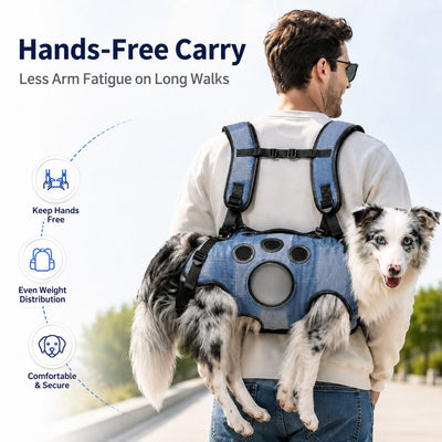 Malloren PawLift Denim Hands-Free Dog Carrier Backpack Harness for Walks, Shopping & Outdoor Trips - Carry Tired Dogs Without Arm Strain