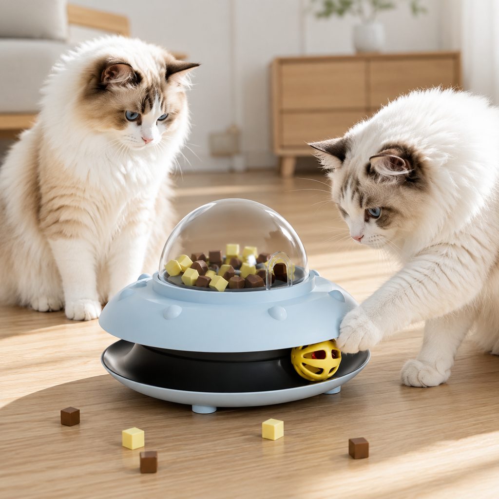 Malloren PawOrbit UFO Motion-Activated Cat Treat Dispenser Toy - Interactive Puzzle Feeder for Indoor Cats, Keeps Cats Busy While You Work