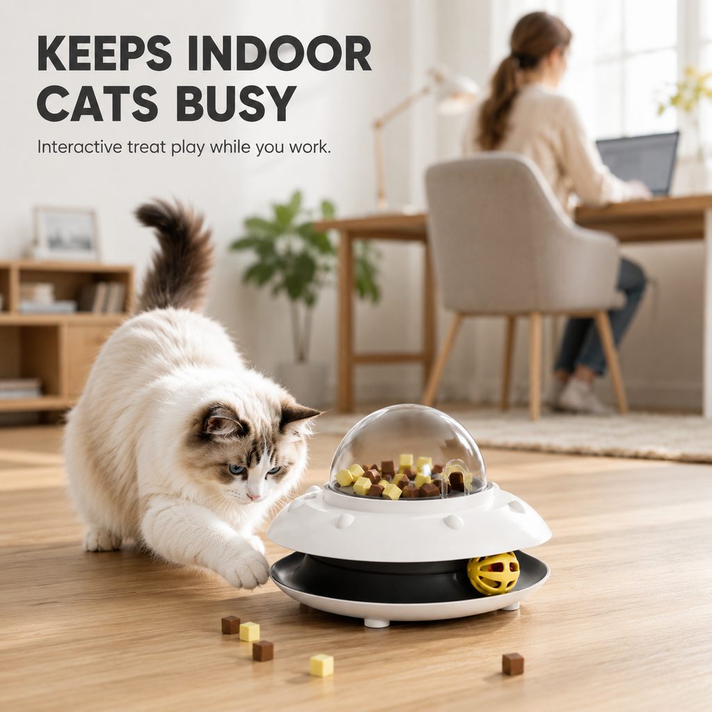 Malloren PawOrbit UFO Motion-Activated Cat Treat Dispenser Toy - Interactive Puzzle Feeder for Indoor Cats, Keeps Cats Busy While You Work