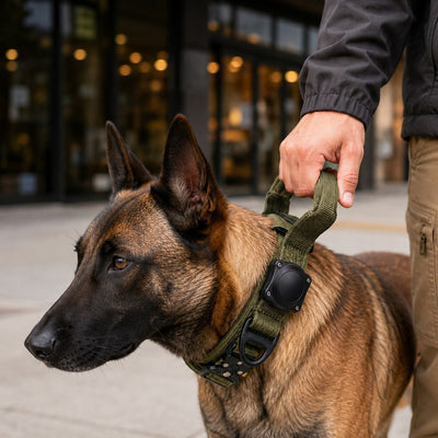 Malloren AirTag-Compatible Tactical Dog Collar with Control Handle - Close Control for Walks, Trails & Busy Areas