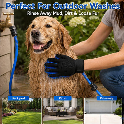 Malloren Pet Bathing Glove with Hose for Bathtub & Backyard Washes - One-Hand Water Flow Grooming Glove