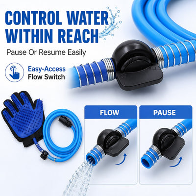Malloren Pet Bathing Glove with Hose for Bathtub & Backyard Washes - One-Hand Water Flow Grooming Glove