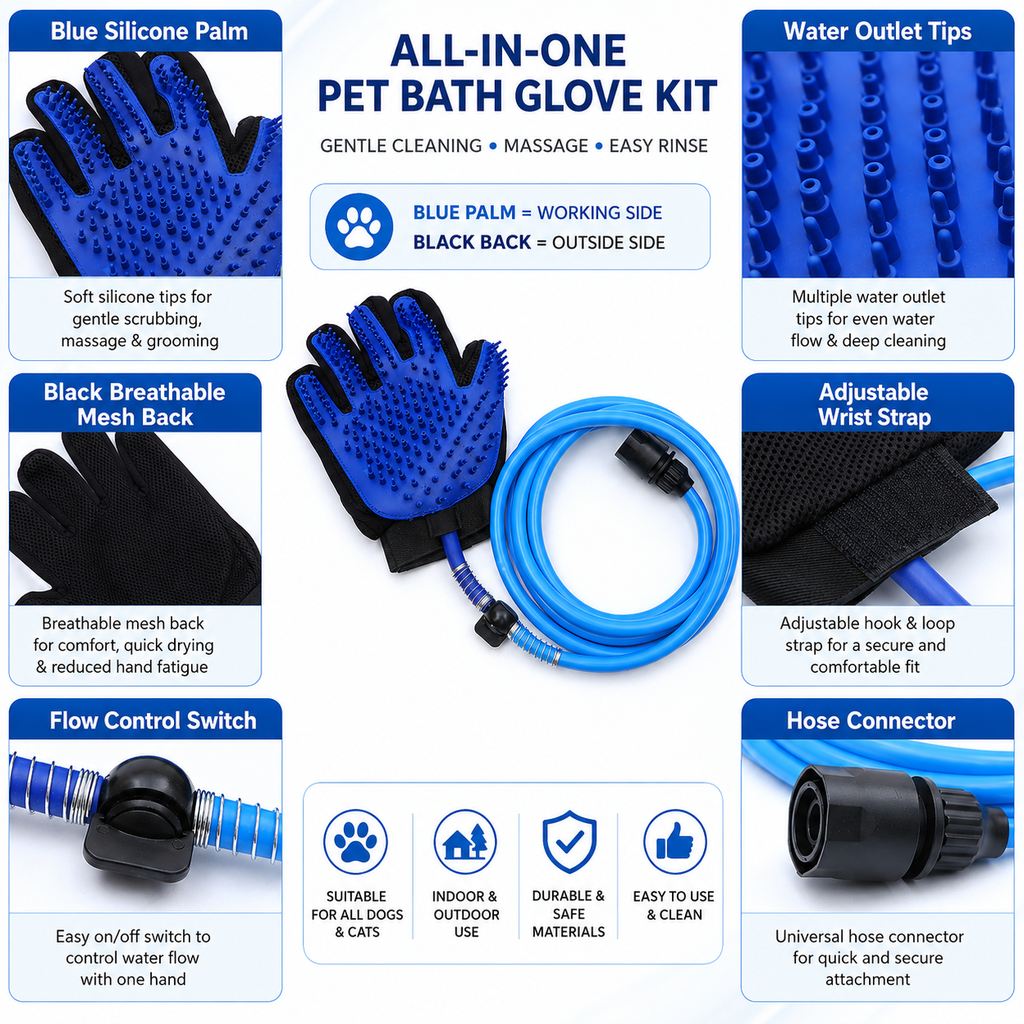 Malloren Pet Bathing Glove with Hose for Bathtub & Backyard Washes - One-Hand Water Flow Grooming Glove
