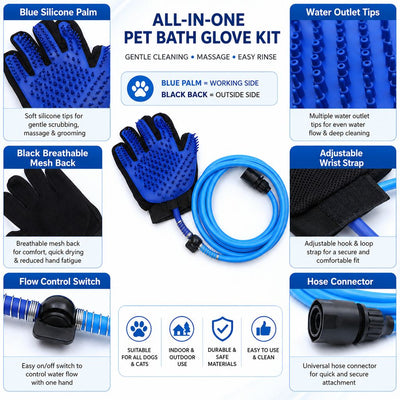 Malloren Pet Bathing Glove with Hose for Bathtub & Backyard Washes - One-Hand Water Flow Grooming Glove