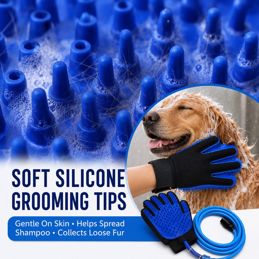 Malloren Pet Bathing Glove with Hose for Bathtub & Backyard Washes - One-Hand Water Flow Grooming Glove