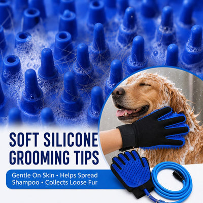 Malloren Pet Bathing Glove with Hose for Bathtub & Backyard Washes - One-Hand Water Flow Grooming Glove