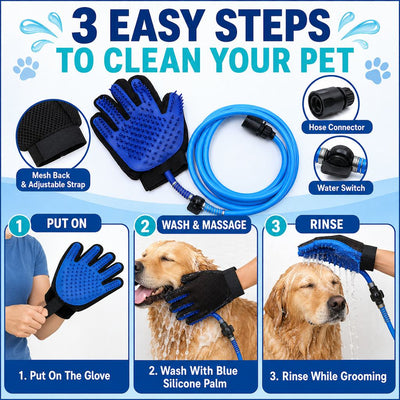 Malloren Pet Bathing Glove with Hose for Bathtub & Backyard Washes - One-Hand Water Flow Grooming Glove