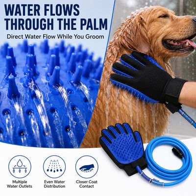 Malloren Pet Bathing Glove with Hose for Bathtub & Backyard Washes - One-Hand Water Flow Grooming Glove