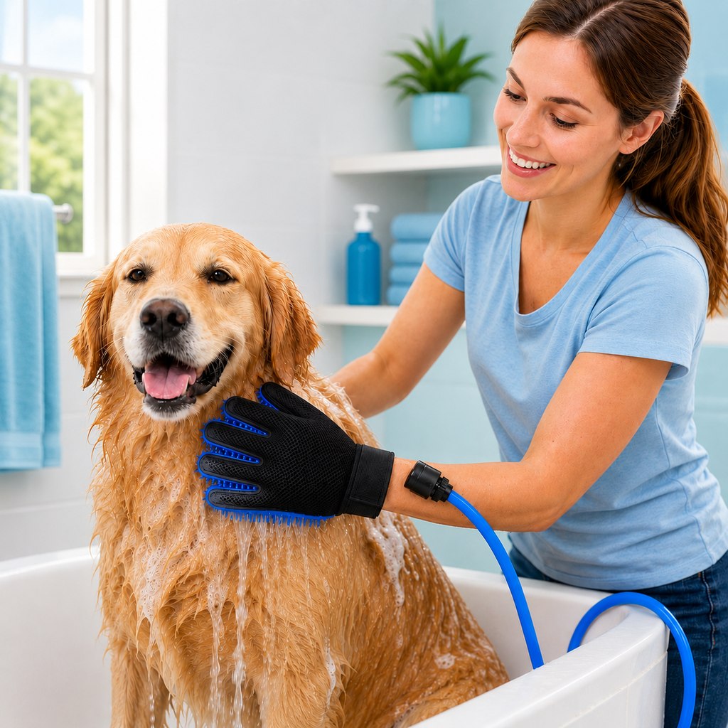 Malloren Pet Bathing Glove with Hose for Bathtub & Backyard Washes - One-Hand Water Flow Grooming Glove