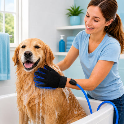 Malloren Pet Bathing Glove with Hose for Bathtub & Backyard Washes - One-Hand Water Flow Grooming Glove