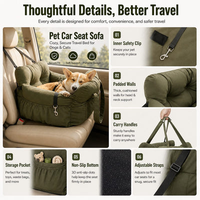 Malloren Pet Car Seat Sofa for Road Trips - Cozy Travel Bed for Calmer, More Secure Rides