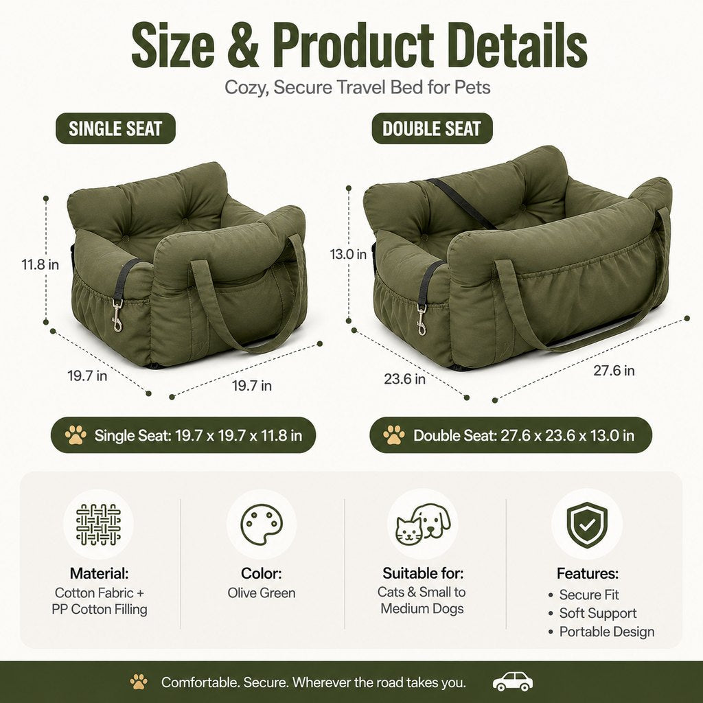 Malloren Pet Car Seat Sofa for Road Trips - Cozy Travel Bed for Calmer, More Secure Rides