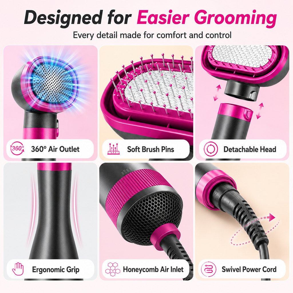 Malloren 4-in-1 Pet Dryer Brush for After-Bath Grooming, Low-Noise Dog & Cat Hair Dryer Comb for Easier Drying, Brushing & Detangling