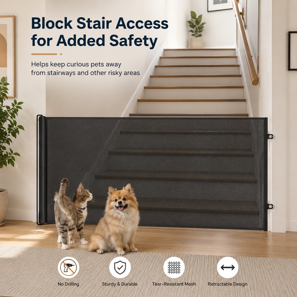 Malloren No-Drill Retractable Pet Gate for Doorways, Kitchens & Stairs - Keep Cats and Dogs Safely Out of Off-Limit Areas