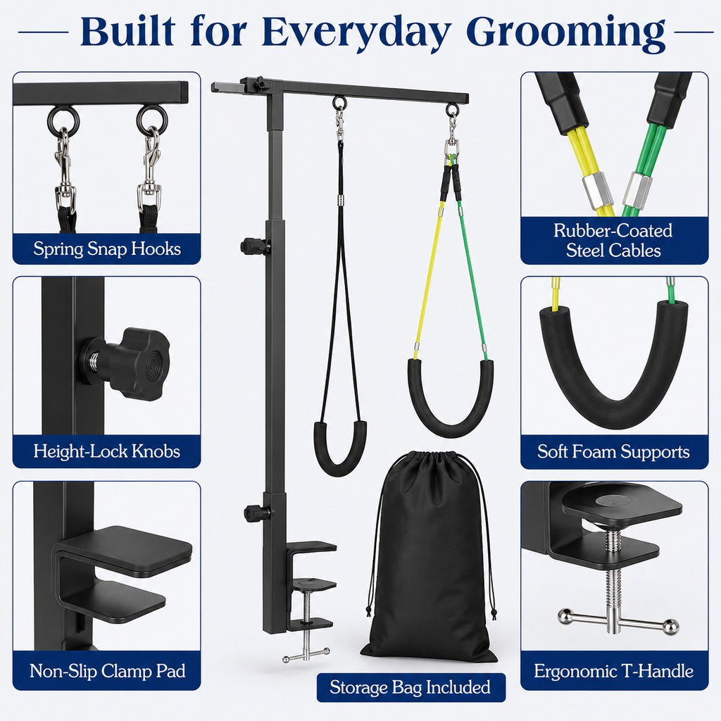 Malloren Clamp-On Pet Grooming Arm for Bathing & Trimming, Foldable Dual Support Holder for Small & Medium Dogs