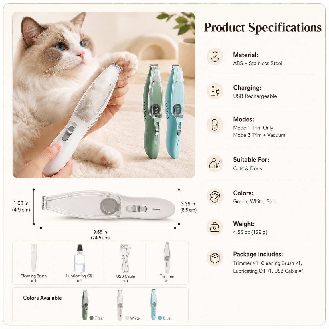 Malloren Pet Paw Trimmer with Built-In Vacuum for Cats & Dogs - Low-Noise Detail Groomer for Paws, Ears & Loose Fur Cleanup