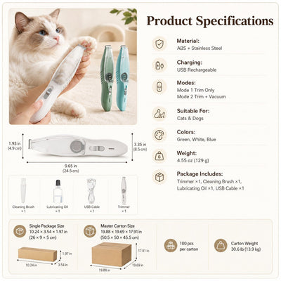 Malloren Pet Paw Trimmer with Built-In Vacuum for Cats & Dogs - Low-Noise Detail Groomer for Paws, Ears & Loose Fur Cleanup