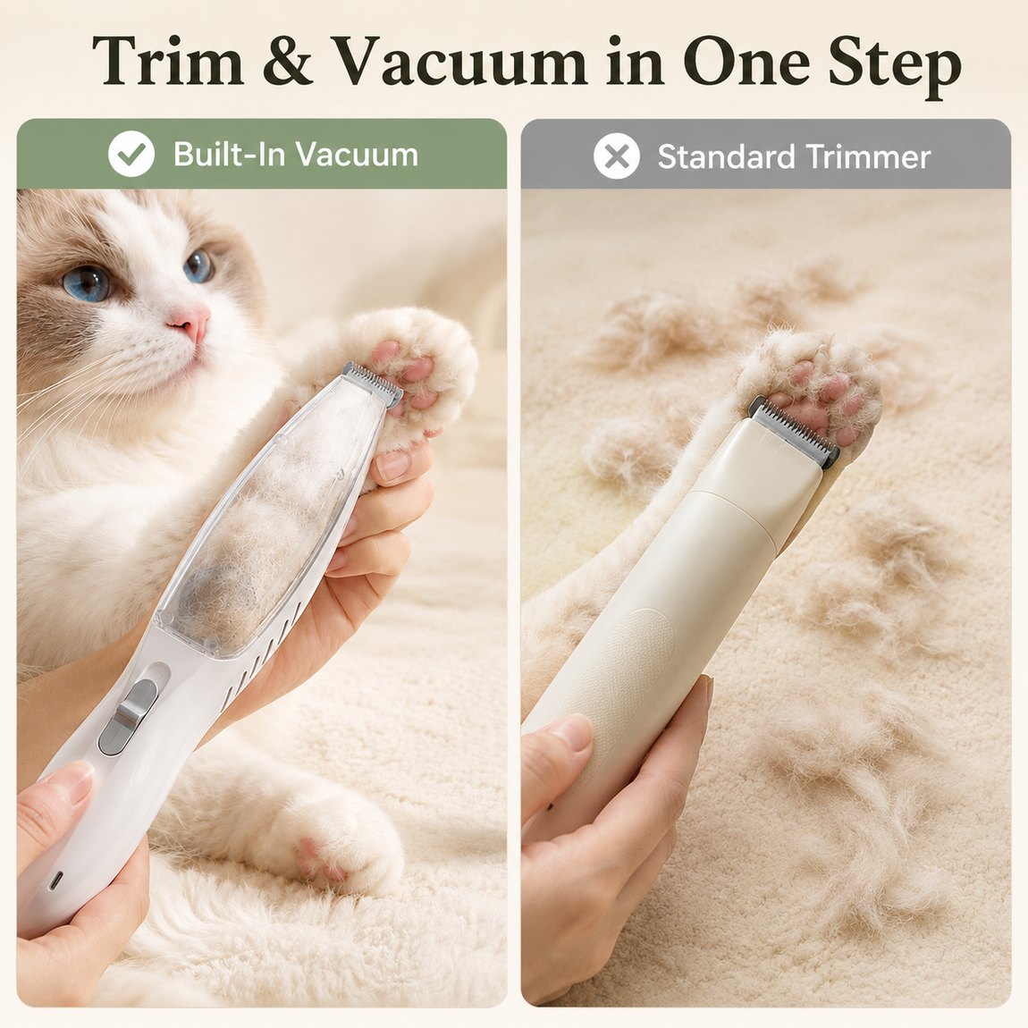 Malloren Pet Paw Trimmer with Built-In Vacuum for Cats & Dogs - Low-Noise Detail Groomer for Paws, Ears & Loose Fur Cleanup