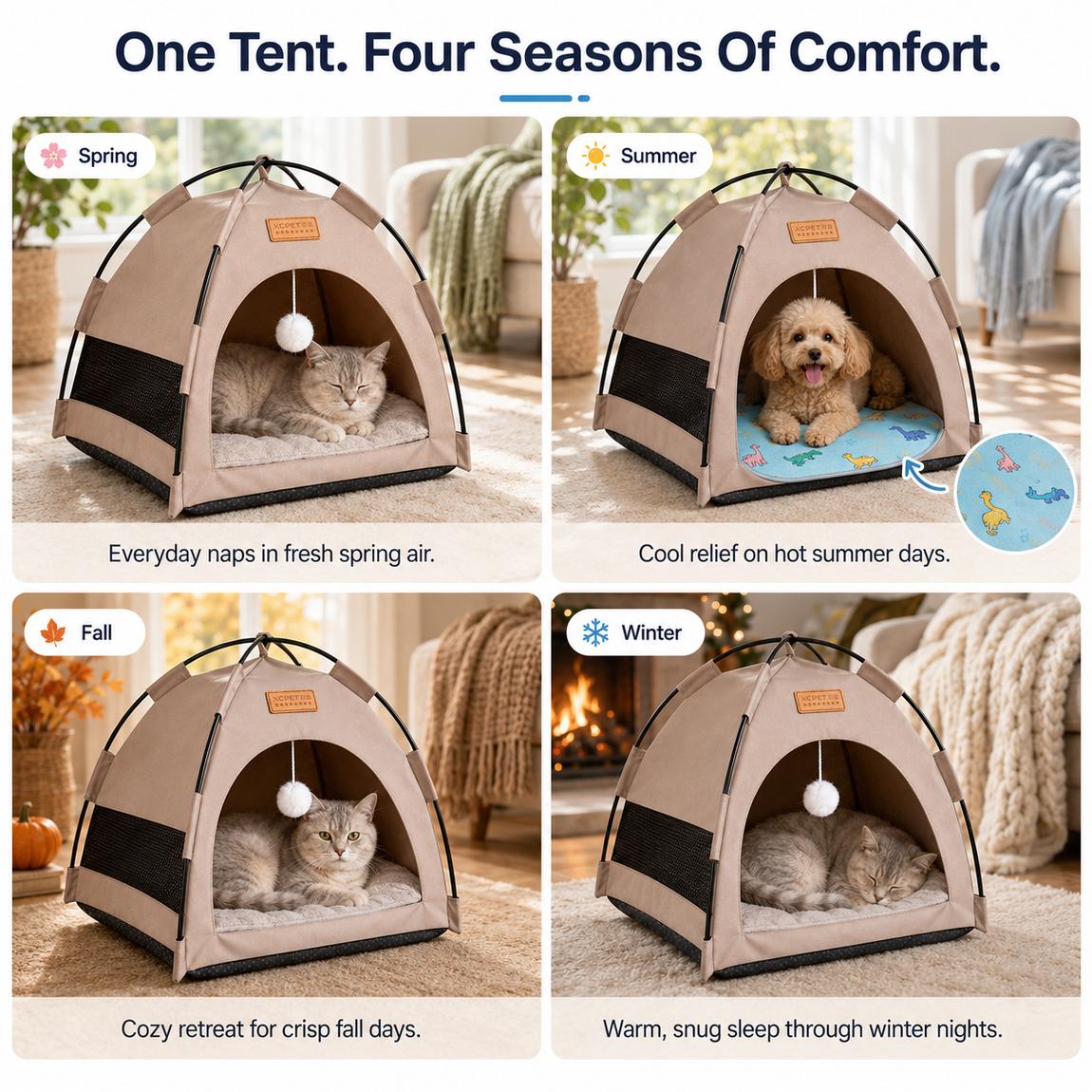 Malloren Pet Tent Bed with Cooling Mat for Indoor Naps & Hot Weather — Foldable Private Hideaway for Cats, Kittens & Small Dogs