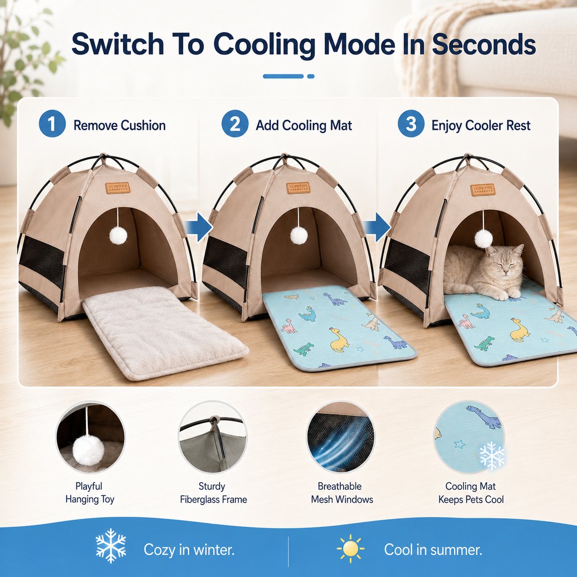 Malloren Pet Tent Bed with Cooling Mat for Indoor Naps & Hot Weather — Foldable Private Hideaway for Cats, Kittens & Small Dogs
