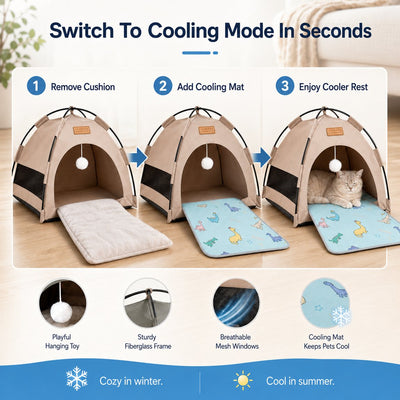 Malloren Pet Tent Bed with Cooling Mat for Indoor Naps & Hot Weather — Foldable Private Hideaway for Cats, Kittens & Small Dogs