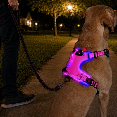 Malloren Rechargeable LED Dog Harness for Night Walks - Back-Panel Glow & Reflective Webbing for Better Low-Light Visibility