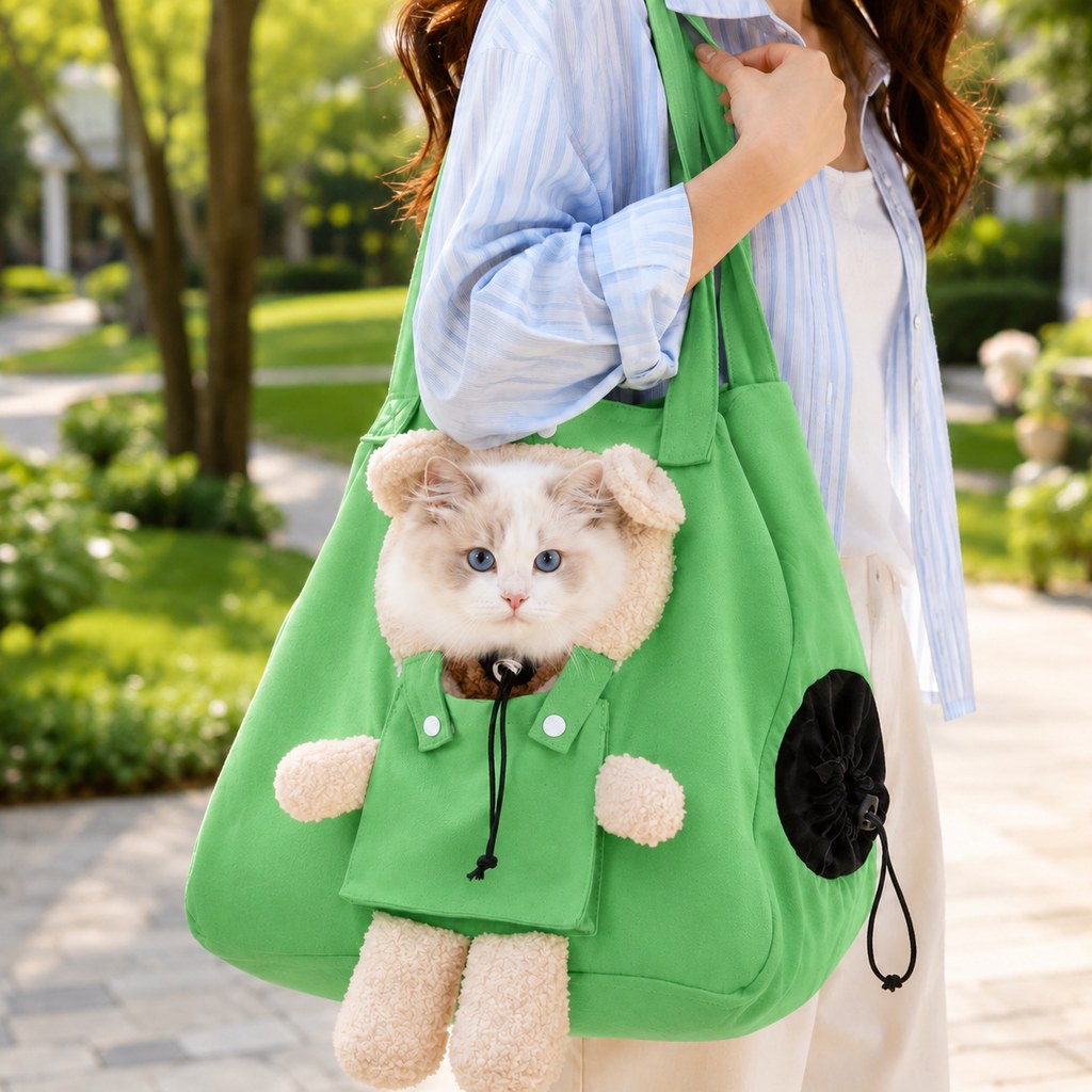 Malloren Plush Bear Cat Carrier Tote Bag – Dual Head-Out Shoulder Carrier for Walks, Errands & Keeping Your Cat Close