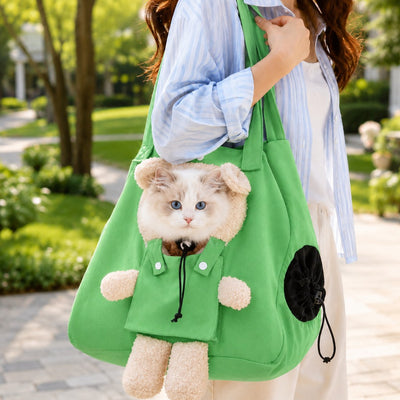 Malloren Plush Bear Cat Carrier Tote Bag – Dual Head-Out Shoulder Carrier for Walks, Errands & Keeping Your Cat Close