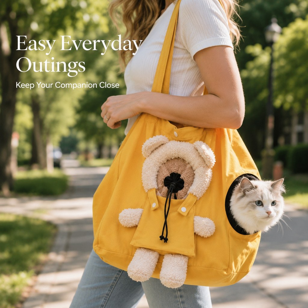 Malloren Plush Bear Cat Carrier Tote Bag – Dual Head-Out Shoulder Carrier for Walks, Errands & Keeping Your Cat Close