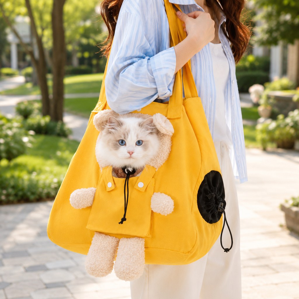 Malloren Plush Bear Cat Carrier Tote Bag – Dual Head-Out Shoulder Carrier for Walks, Errands & Keeping Your Cat Close