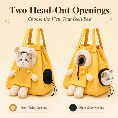 Malloren Plush Bear Cat Carrier Tote Bag – Dual Head-Out Shoulder Carrier for Walks, Errands & Keeping Your Cat Close