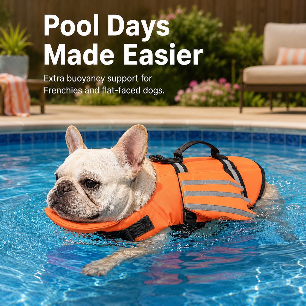 Malloren French Bulldog Pool & Beach Reflective Angel-Wing Dog Life Jacket - Chin Float Support for Flat-Faced Dogs