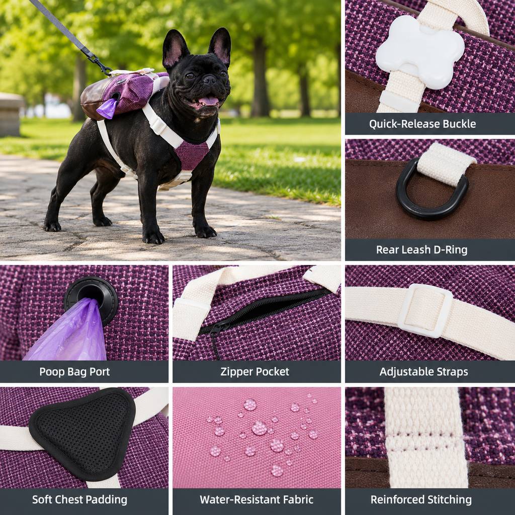 Malloren Frenchie Adventure Backpack Harness for Daily Walks - Carry Poop Bags, Treats & Keys Without Neck Pulling