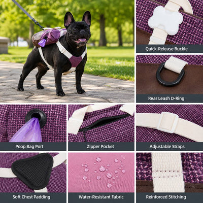 Malloren Frenchie Adventure Backpack Harness for Daily Walks - Carry Poop Bags, Treats & Keys Without Neck Pulling
