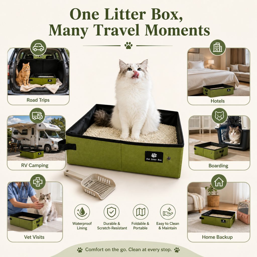 Malloren Portable Foldable Cat Litter Box for Road Trips, Hotels & RV Travel - Reusable Waterproof Travel Cat Toilet to Stop Leaks & Save Space