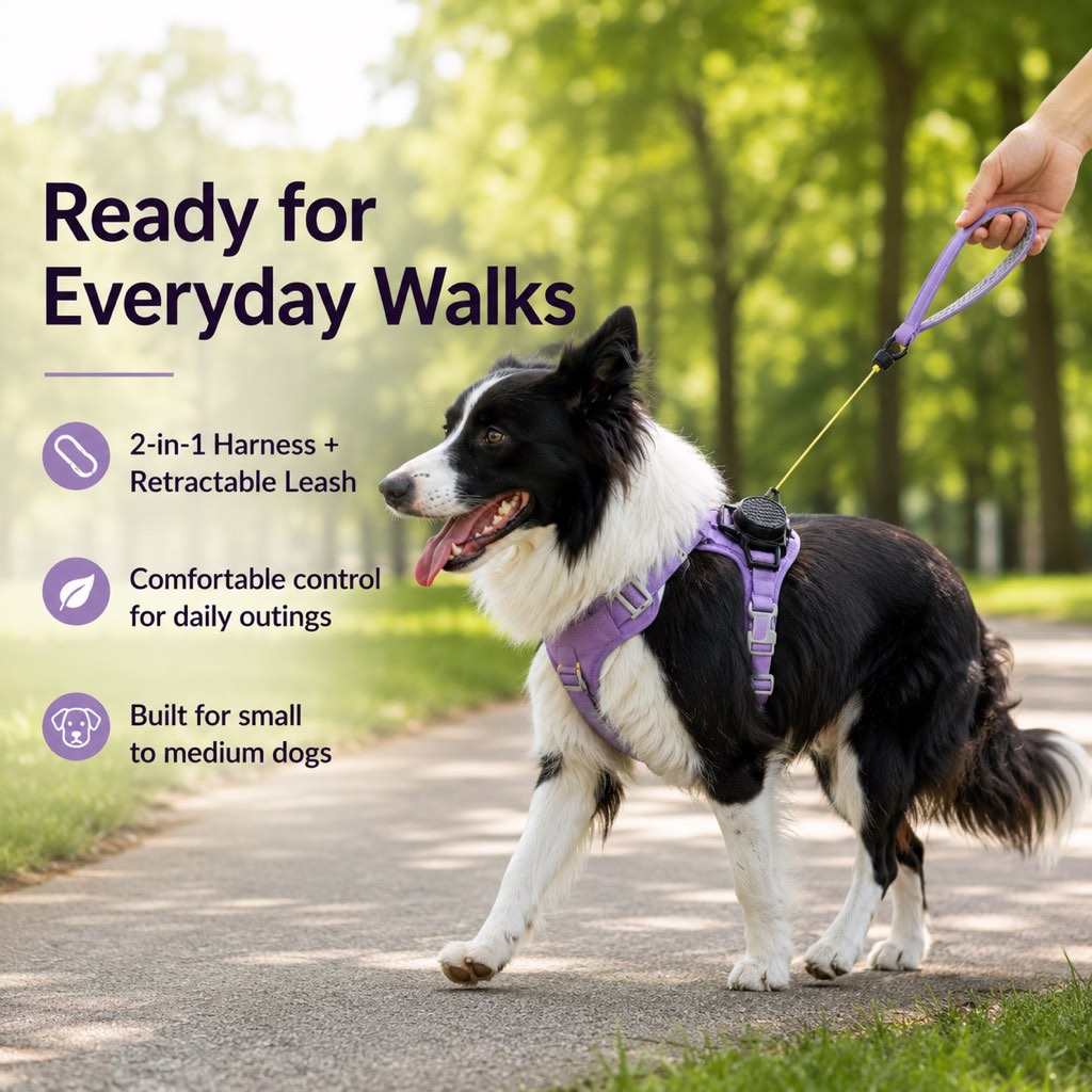 Malloren 2-in-1 Retractable Dog Harness for Daily Walks - Built-In Leash Vest with Auto-Stop Control for Small & Medium Dogs