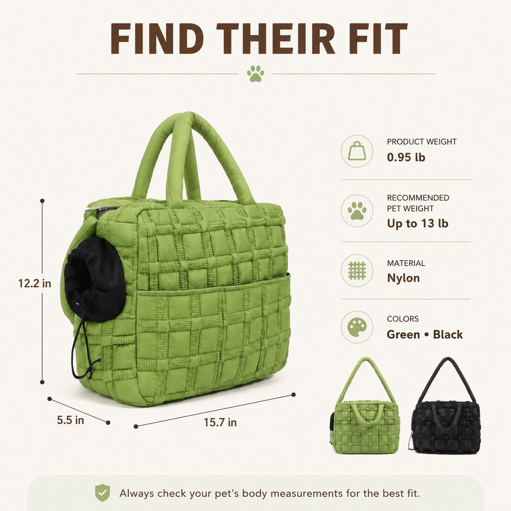 Malloren Quilted Pet Carrier Tote for Cats & Small Dogs – Easy Hand & Shoulder Carry for Walks, Errands & Everyday Outings