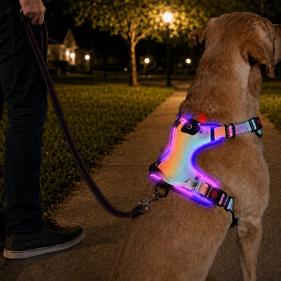 Malloren Rechargeable LED Dog Harness for Night Walks - Back-Panel Glow & Reflective Webbing for Better Low-Light Visibility