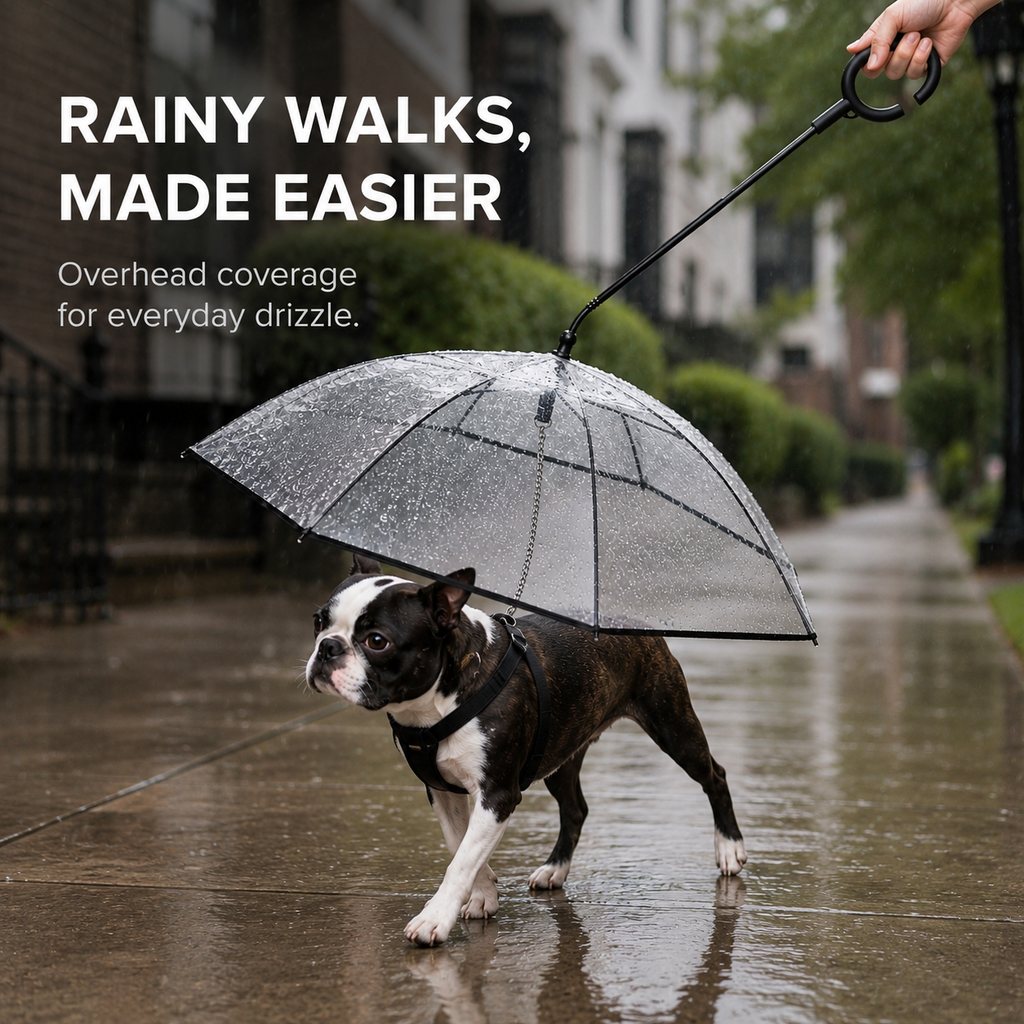 Malloren Clear Dog Umbrella with Built-In Leash for Rainy Walks & Potty Breaks - Helps Reduce Wet-Coat Cleanup for Small Dogs