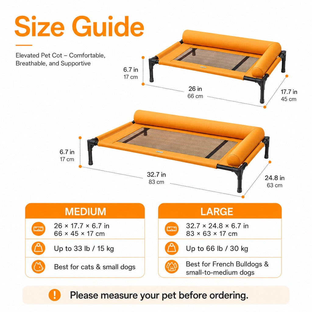 Malloren French Bulldog Elevated Dog Cot for All-Season Indoor Naps - Breathable Raised Pet Bed with Soft Bolsters for Cooler Rest & Easy Cleaning