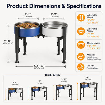 Malloren Adjustable Raised Dog Bowl Stand for Home Feeding - No-Bend Metal Pet Bowl Holder for Cleaner, More Comfortable Meals