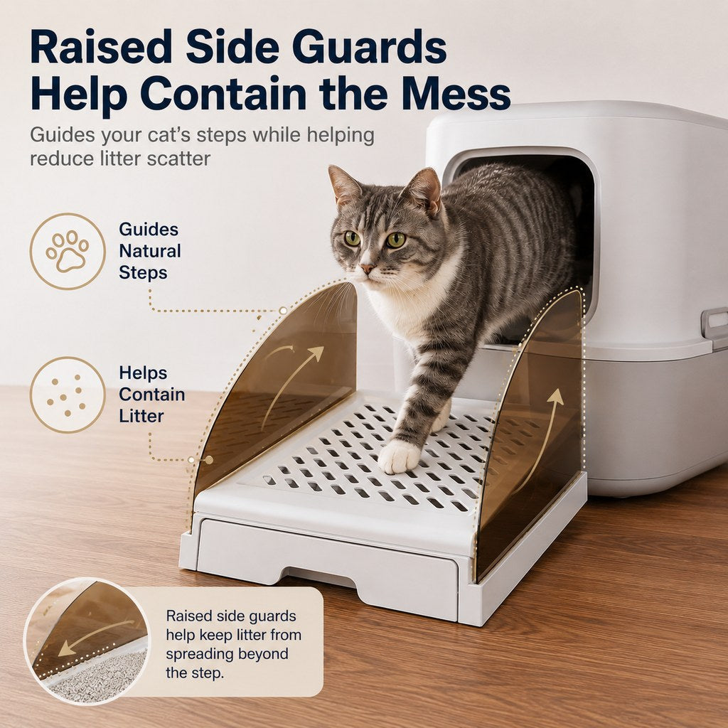 Malloren Adjustable Cat Litter Box Step with Pull-Out Tray for Cleaner Floors