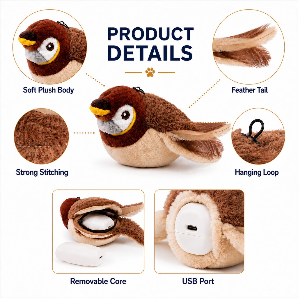 Malloren Rechargeable Interactive Cat Toy - Flapping Bird, Plush Animal & Motion Activated Toys for Indoor Cats