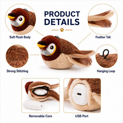Malloren Rechargeable Interactive Cat Toy - Flapping Bird, Plush Animal & Motion Activated Toys for Indoor Cats