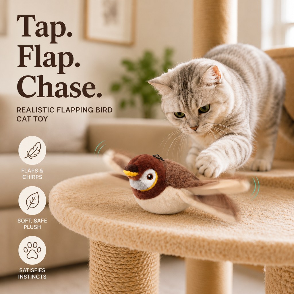 Malloren Rechargeable Interactive Cat Toy - Flapping Bird, Plush Animal & Motion Activated Toys for Indoor Cats