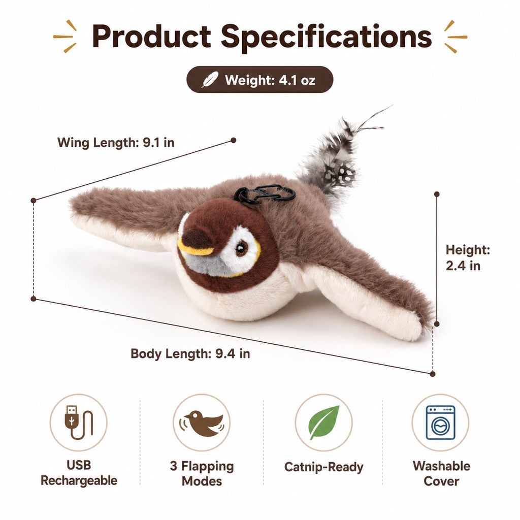 Malloren Rechargeable Interactive Cat Toy - Flapping Bird, Plush Animal & Motion Activated Toys for Indoor Cats